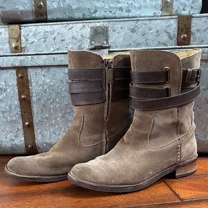 Bussola “Sevilla” Suede Moto Boots – Taupe & Dark Brown – Size 8 US 39 EU